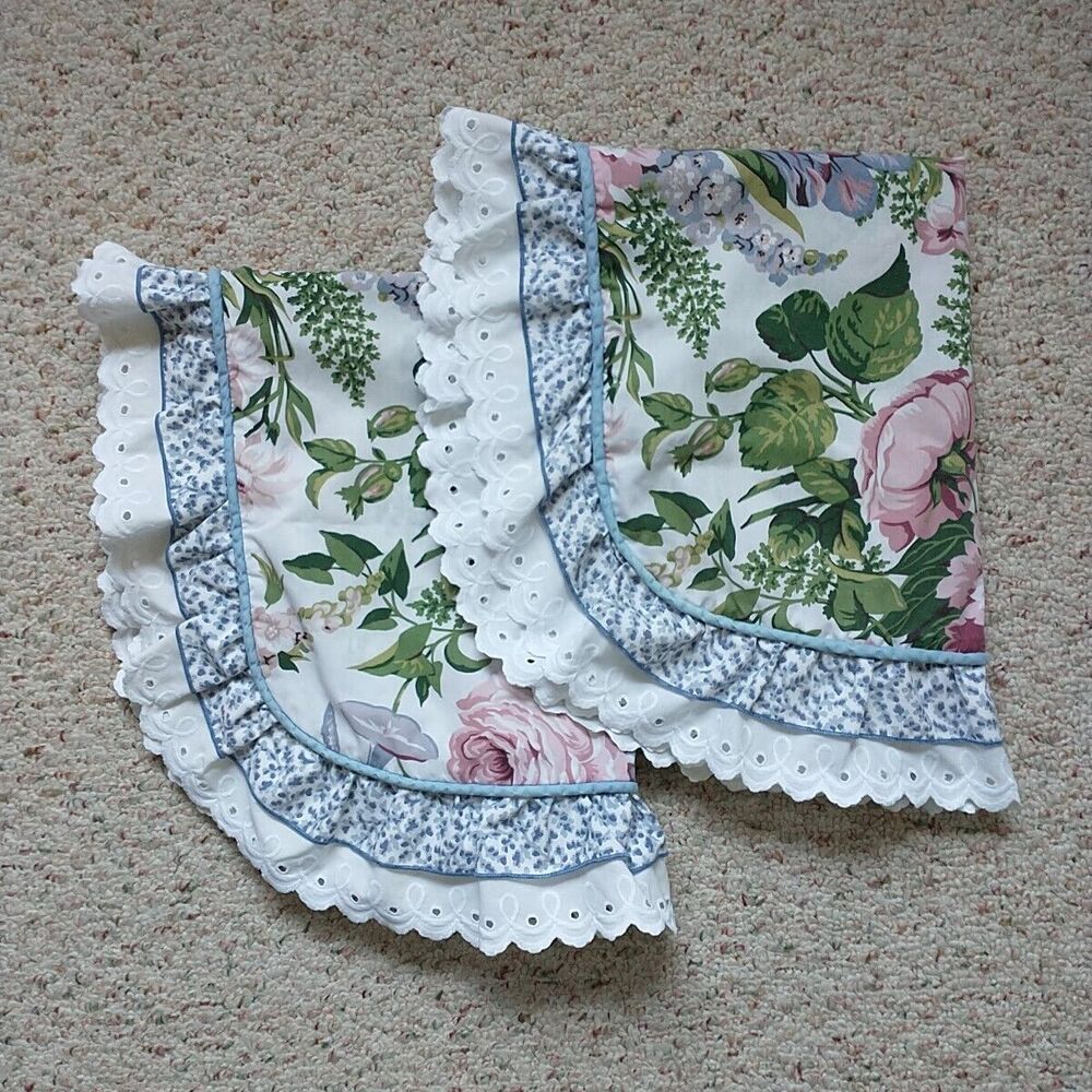 Vtg WAVERLY Standard Pillow Shams Flower Ruffle Eyelets Pair 2x Shabby Chic